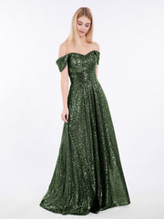 Sequins Lace Off the Shoulder Long Dresses Olive Green
