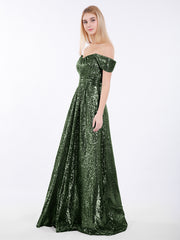 Sequins Lace Off the Shoulder Long Dresses Olive Green