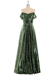 Sequins Lace Off the Shoulder Long Dresses Olive Green