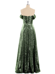 Sequins Lace Off the Shoulder Long Dresses Olive Green
