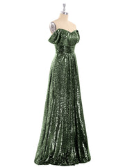 Sequins Lace Off the Shoulder Long Dresses Olive Green