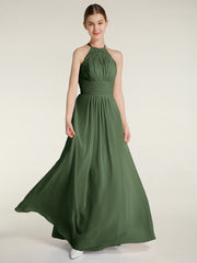 Chiffon Long Dress with Lace Bodice Olive Green