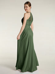 Chiffon Long Dress with Lace Bodice Olive Green