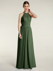 Chiffon Long Dress with Lace Bodice Olive Green