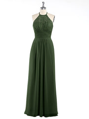 Chiffon Long Dress with Lace Bodice Olive Green
