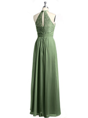 Chiffon Long Dress with Lace Bodice Olive Green