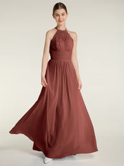 Chiffon Long Dress with Lace Bodice Terracotta