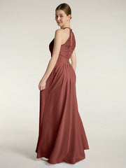 Chiffon Long Dress with Lace Bodice Terracotta