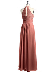 Chiffon Long Dress with Lace Bodice Terracotta