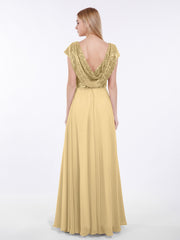 Cap Sleeves Long Dresses with Sequins Top Gold Plus Size