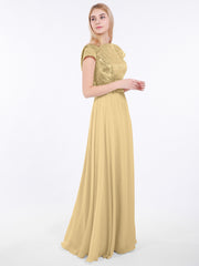 Cap Sleeves Long Dresses with Sequins Top Gold