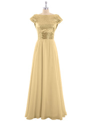 Cap Sleeves Long Dresses with Sequins Top Gold Plus Size