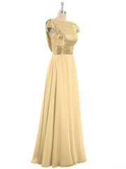 Cap Sleeves Long Dresses with Sequins Top Gold