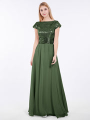 Cap Sleeves Long Dresses with Sequins Top Olive Green