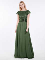 Cap Sleeves Long Dresses with Sequins Top Olive Green