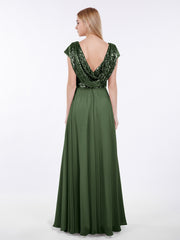 Cap Sleeves Long Dresses with Sequins Top Olive Green