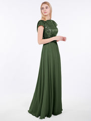 Cap Sleeves Long Dresses with Sequins Top Olive Green