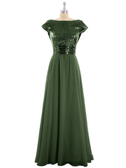 Cap Sleeves Long Dresses with Sequins Top Olive Green