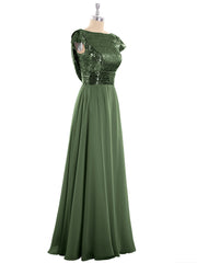 Cap Sleeves Long Dresses with Sequins Top Olive Green