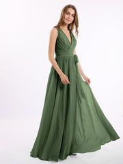 Classic Chiffon Dress with Deep V Neck Olive Green
