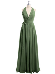 Classic Chiffon Dress with Deep V Neck Olive Green