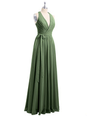 Classic Chiffon Dress with Deep V Neck Olive Green