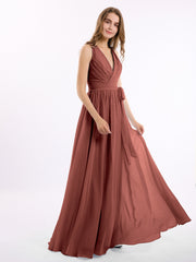 Classic Chiffon Dress with Deep V Neck Terracotta