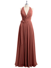 Classic Chiffon Dress with Deep V Neck Terracotta