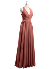 Classic Chiffon Dress with Deep V Neck Terracotta