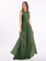 Simple Long Chiffon Dress with Lace Decor Olive Green