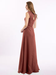 Simple Long Chiffon Dress with Lace Decor Terracotta