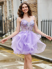 Sequin Corset Top Glitter Tulle Short Dress Lilac