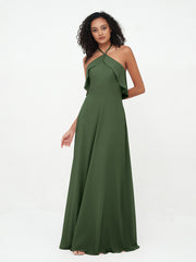 Halter Chiffon Max Bridesmaid Dresses with Pockets Olive Green
