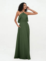 Halter Chiffon Max Bridesmaid Dresses with Pockets Olive Green