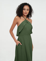 Halter Chiffon Max Bridesmaid Dresses with Pockets Olive Green
