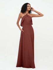 Halter Chiffon Max Bridesmaid Dresses with Pockets Terracotta