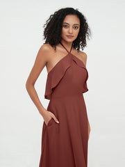 Halter Chiffon Max Bridesmaid Dresses with Pockets Terracotta