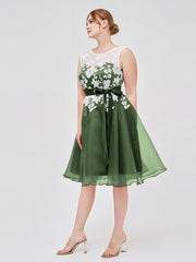 Organza with Ivory Lace Appliqued Short Dress Olive Green