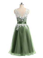 Organza with Ivory Lace Appliqued Short Dress Olive Green