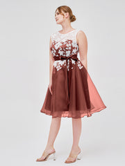Organza with Ivory Lace Appliqued Short Dress Terracotta
