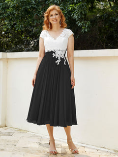 Cap Sleeves Chiffon Dresses with Ivory Bodice Black