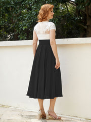 Cap Sleeves Chiffon Dresses with Ivory Bodice Black