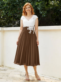 Cap Sleeves Chiffon Dresses with Ivory Bodice Brown