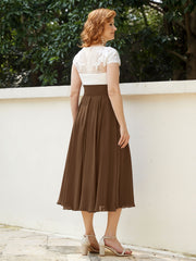 Cap Sleeves Chiffon Dresses with Ivory Bodice Brown