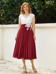 Cap Sleeves Chiffon Dresses with Ivory Bodice Burgundy