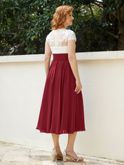 Cap Sleeves Chiffon Dresses with Ivory Bodice Burgundy