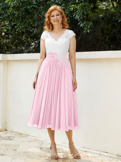 Cap Sleeves Chiffon Dresses with Ivory Bodice Candy Pink