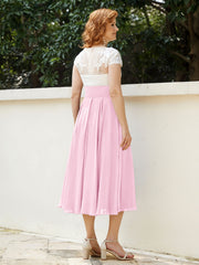 Cap Sleeves Chiffon Dresses with Ivory Bodice Candy Pink