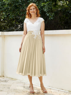 Cap Sleeves Chiffon Dresses with Ivory Bodice Champagne