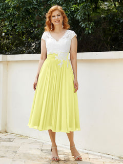 Cap Sleeves Chiffon Dresses with Ivory Bodice Daffodil